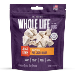 Whole Life Pet Just One Chicken freeze-dried treats close-up; protein-rich training reward