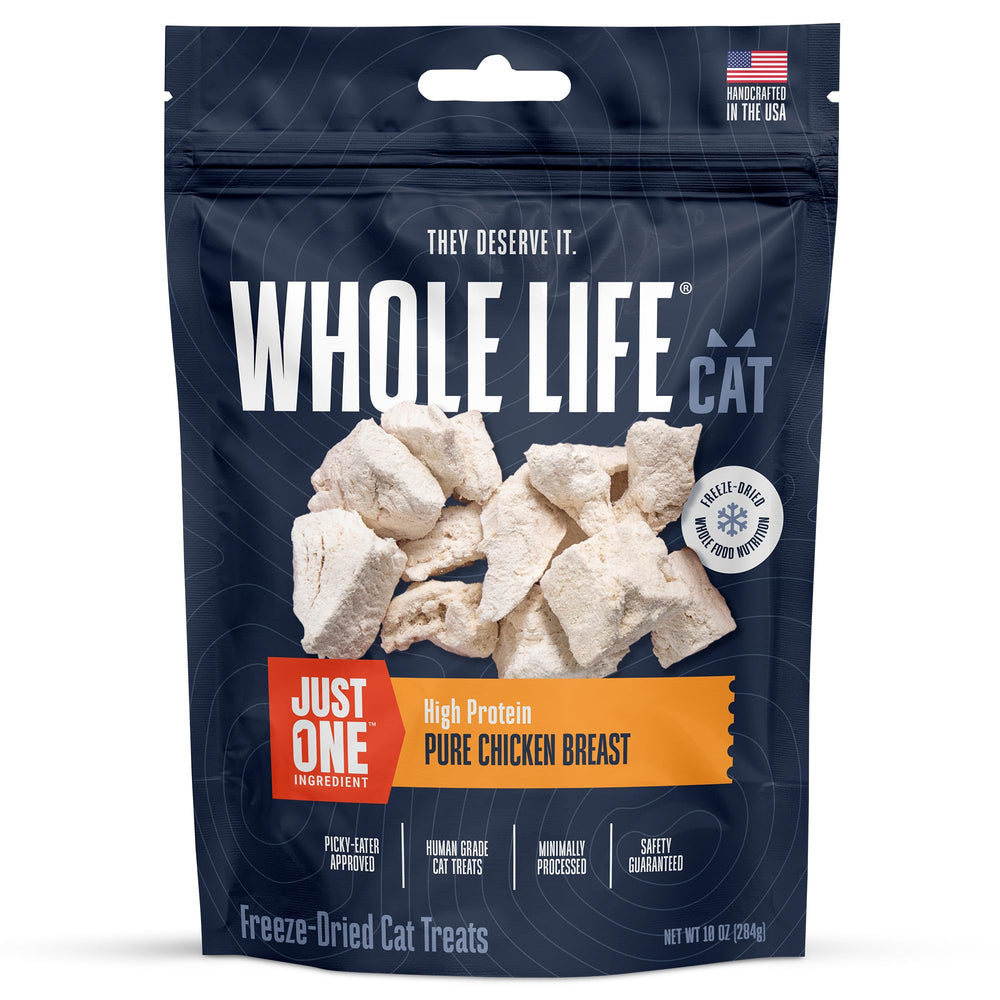 Whole Life Pet Just One Chicken treats in a pack highlight protein-rich, simple-ingredient cat snack