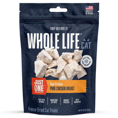 Whole Life Pet Just One Chicken treats in a pack highlight protein-rich, simple-ingredient cat snack