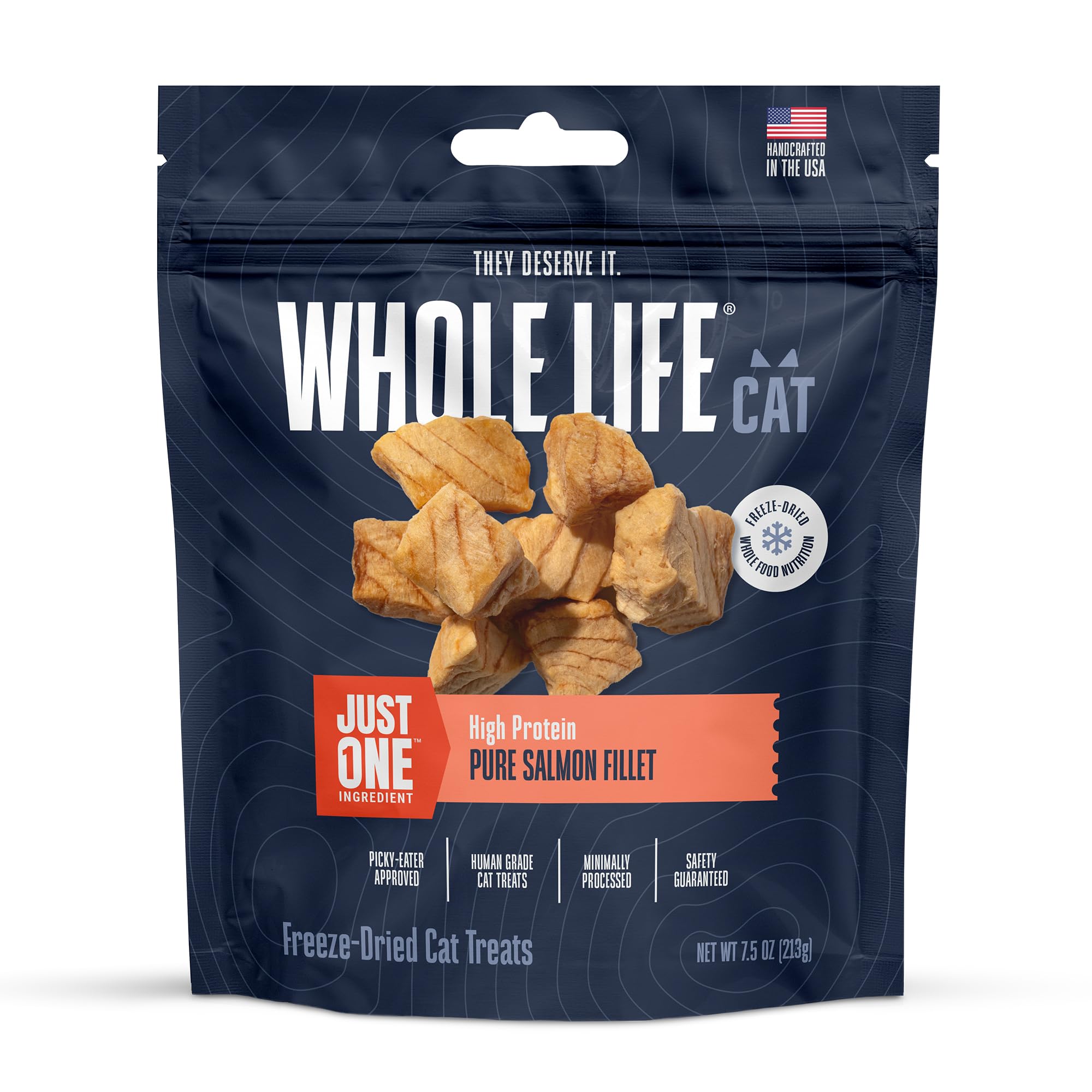 Whole Life Cat Just One Salmon Treats package showing a protein-rich snack for cats