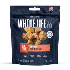 Whole Life Cat Just One Salmon Treats package showing a protein-rich snack for cats