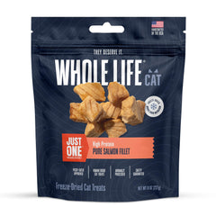Whole Life Just One Salmon treats, freeze-dried salmon for a natural, protein-rich feline snack