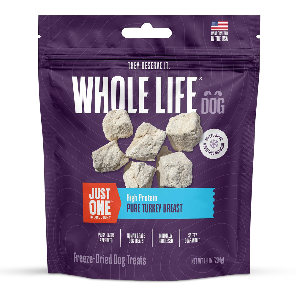 Whole Life Pet Just One Turkey freeze-dried treats in a bag, ideal for convenient training rewards