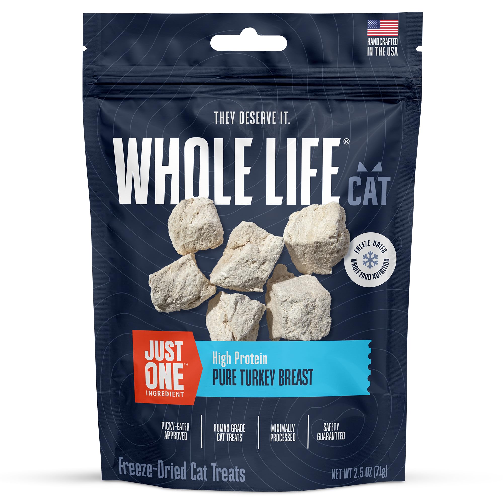 Whole Life Pet Just One Turkey cat treats bag of freeze-dried turkey for a protein-rich snack