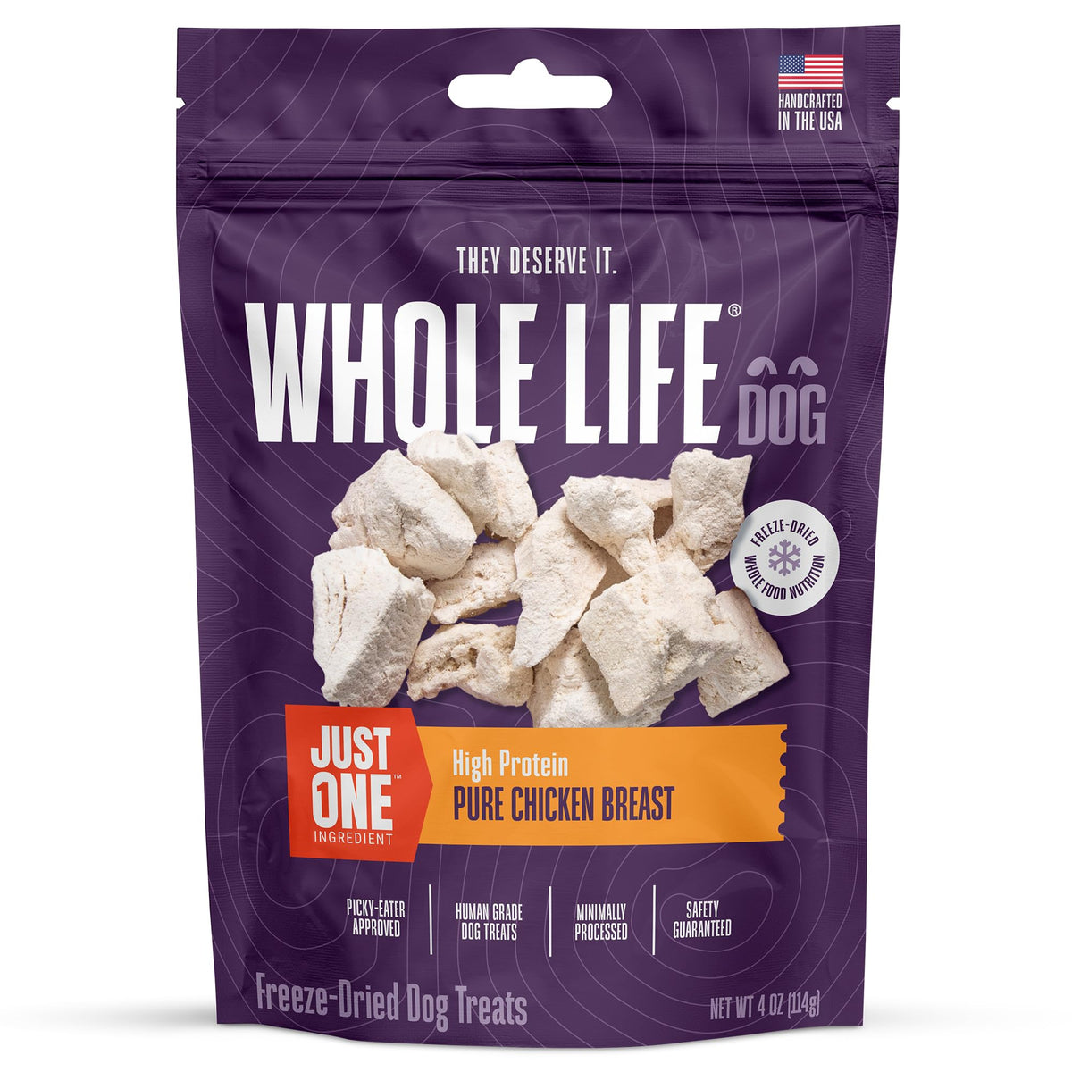 Whole Life Just One Chicken packaging front shows US-made, single-ingredient protein
