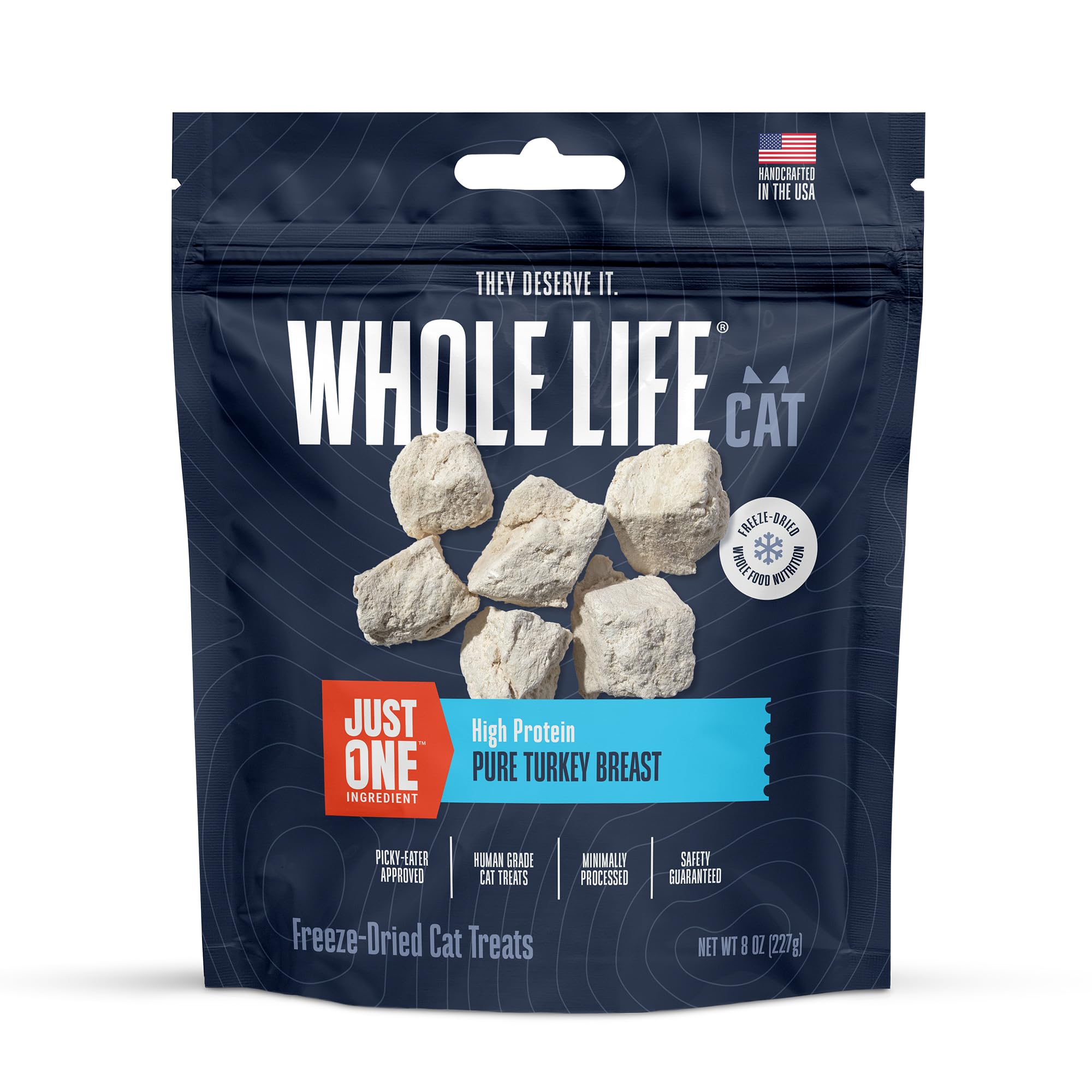 Whole Life Pet Just One Turkey pack shows single-ingredient, human-grade cat treats for picky eaters.