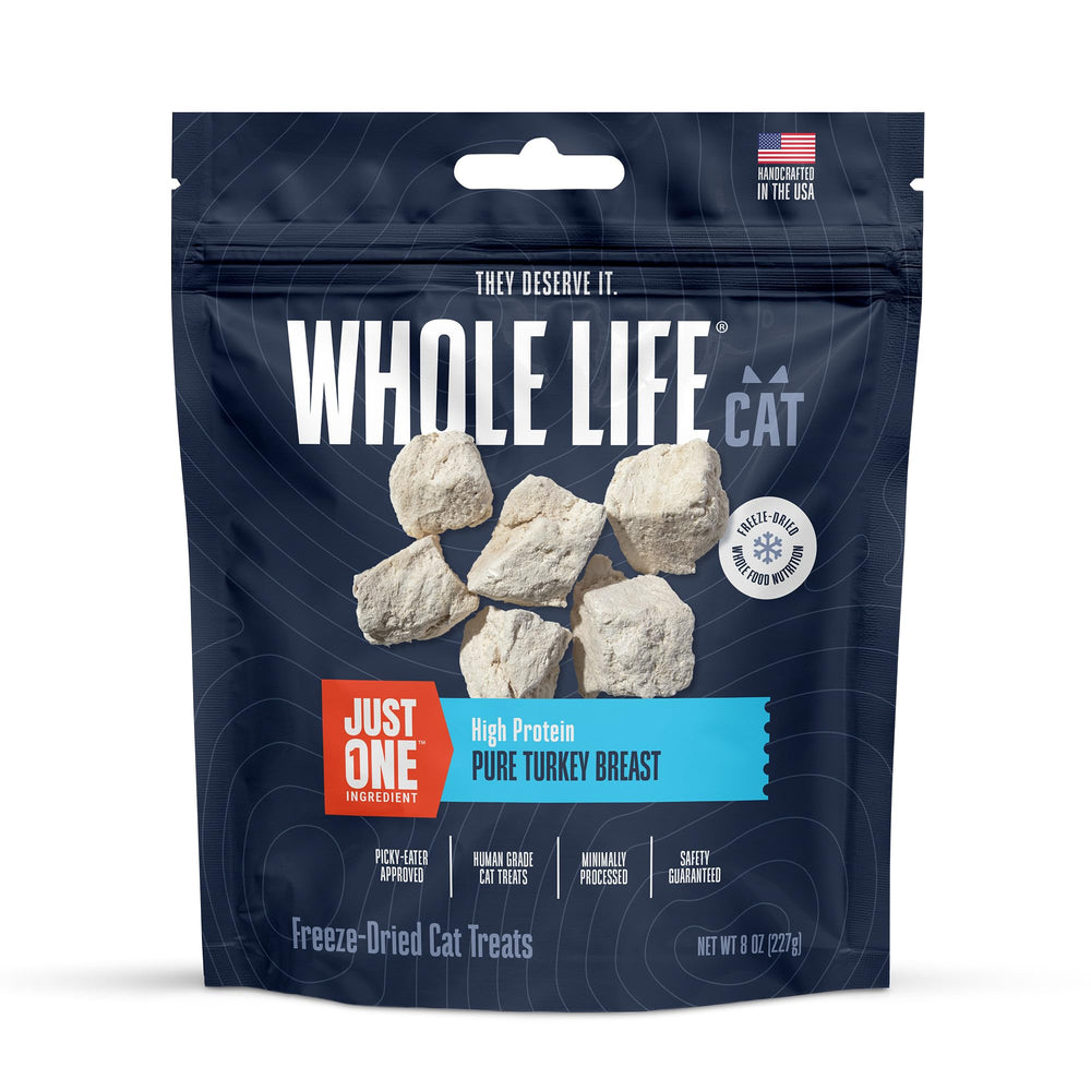 Whole Life Pet Just One Turkey pack shows single-ingredient, human-grade cat treats for picky eaters.
