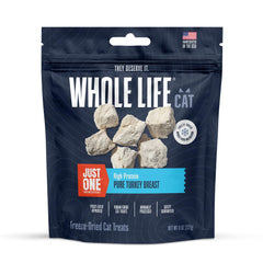 Whole Life Pet Just One Turkey pack shows single-ingredient, human-grade cat treats for picky eaters.