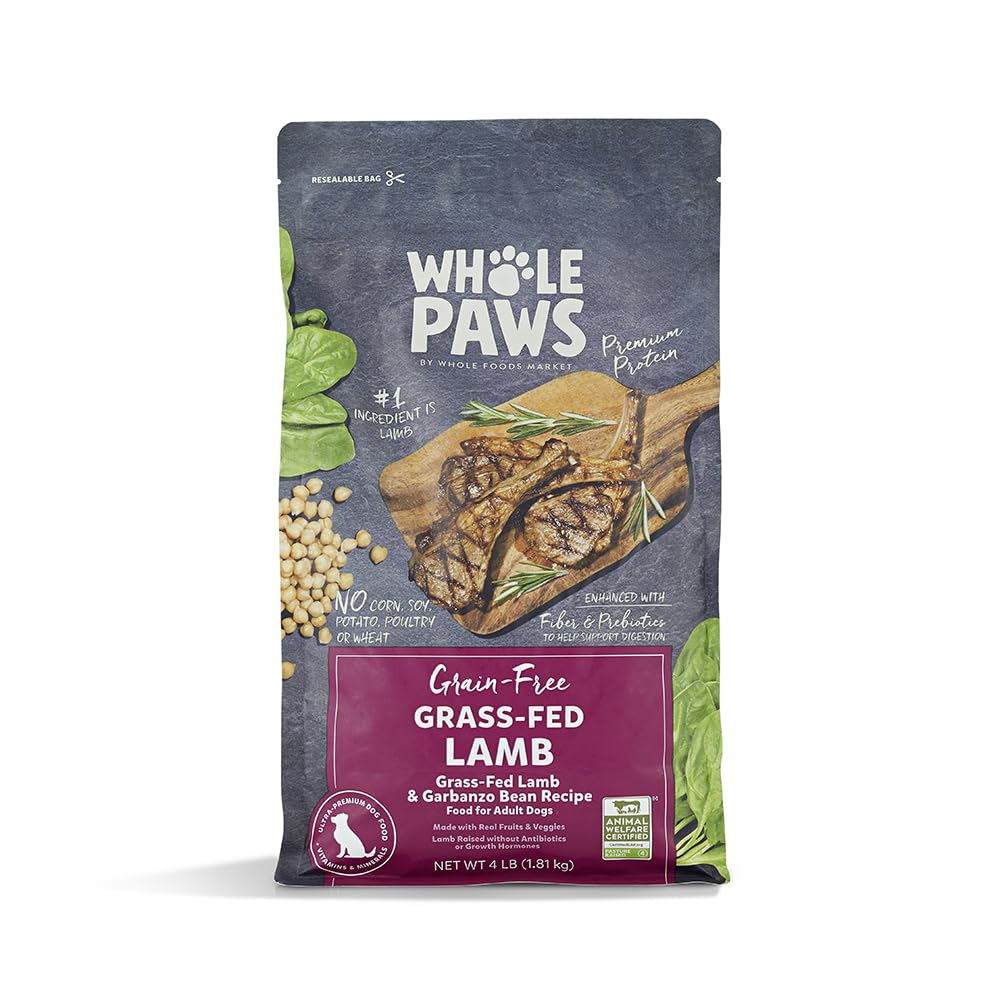 Whole Paws grass-fed lamb garbanzo kibble close-up, grain-free nutrition for digestion.