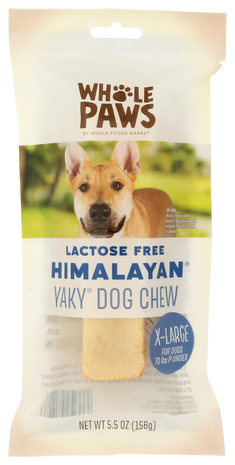 Whole Paws Himalayan Yaky Dog Chew in hand, lactose- and grain-free, promotes focused chewing.