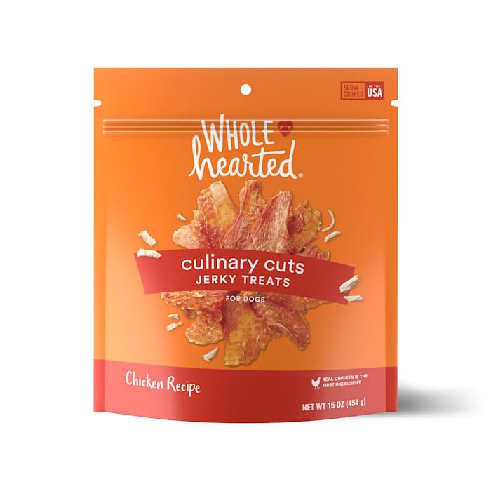 WholeHearted Culinary Cuts chicken jerky showcases real chicken as the first ingredient for quality dog treats.