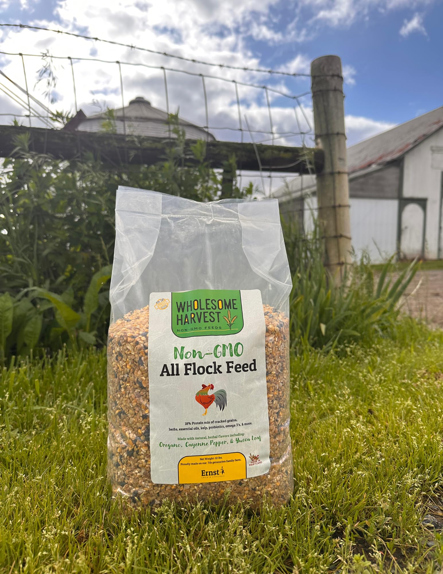 Wholesome Harvest All Flock Feed 10-lb pack view demonstrates convenient packaging.