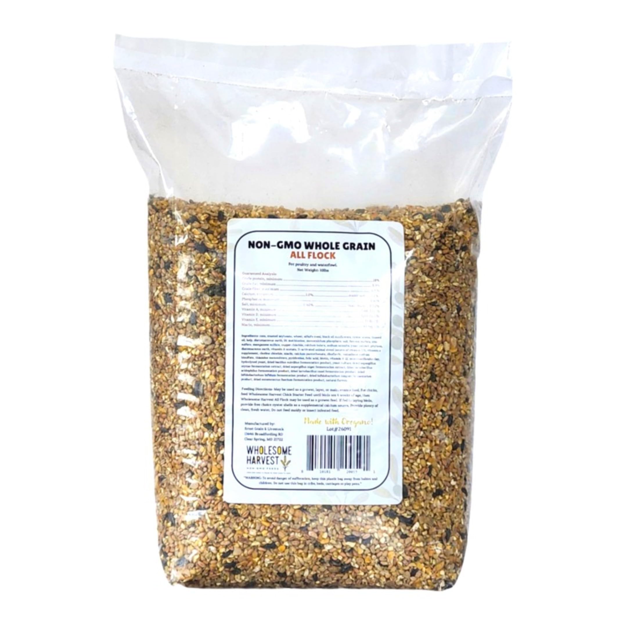 Wholesome Harvest All Flock Feed probiotic-mineral blend close-up communicates balanced nutrition.
