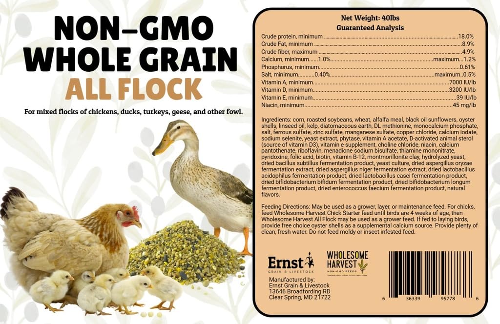 Wholesome Harvest All Flock Feed diatomaceous-earth close-up shows natural additives.