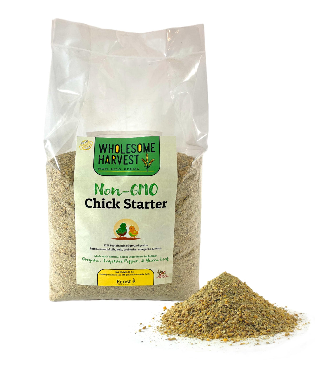 Wholesome Harvest chick starter feed bag in 10 lb size supports healthy early growth