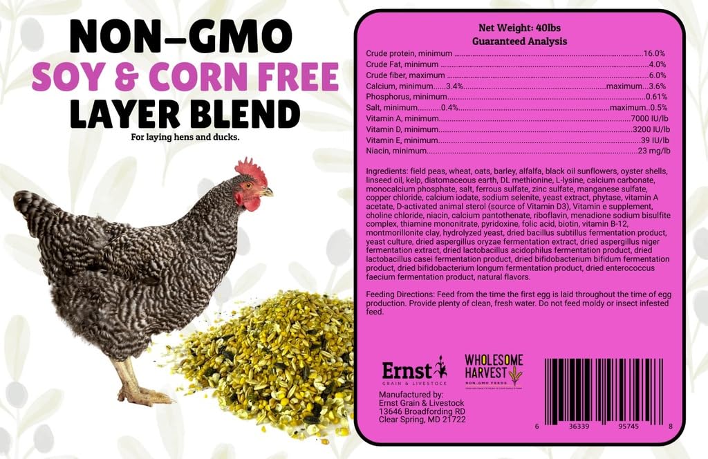 Wholesome Harvest feed includes oyster shell and minerals for sturdy eggshells.
