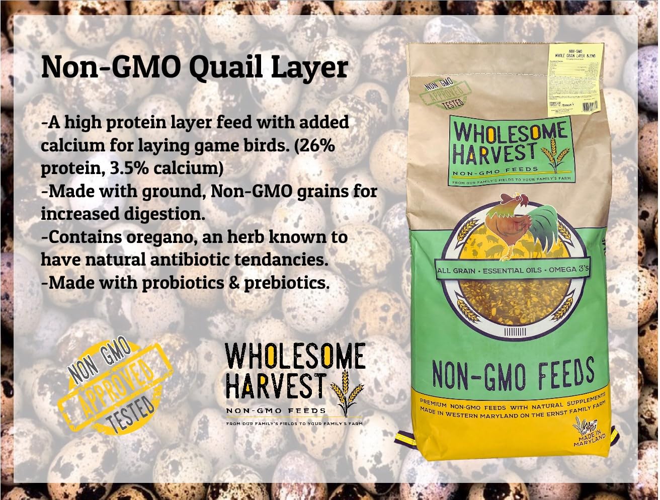 Wholesome Harvest bag emphasizes calcium for egg production