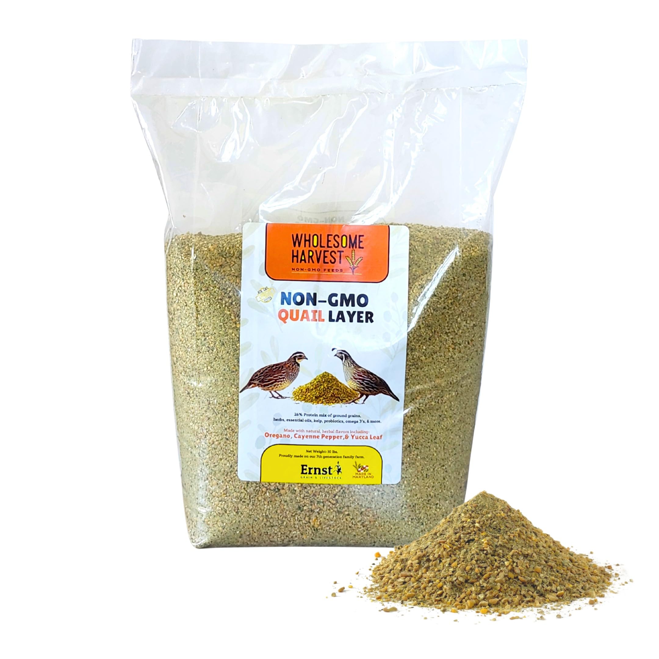 Wholesome Harvest quail layer feed bag front with 26% formula for healthy egg production