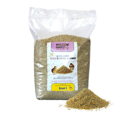 Wholesome Harvest quail starter grower feed bag closeup, grain-based formula supporting growth