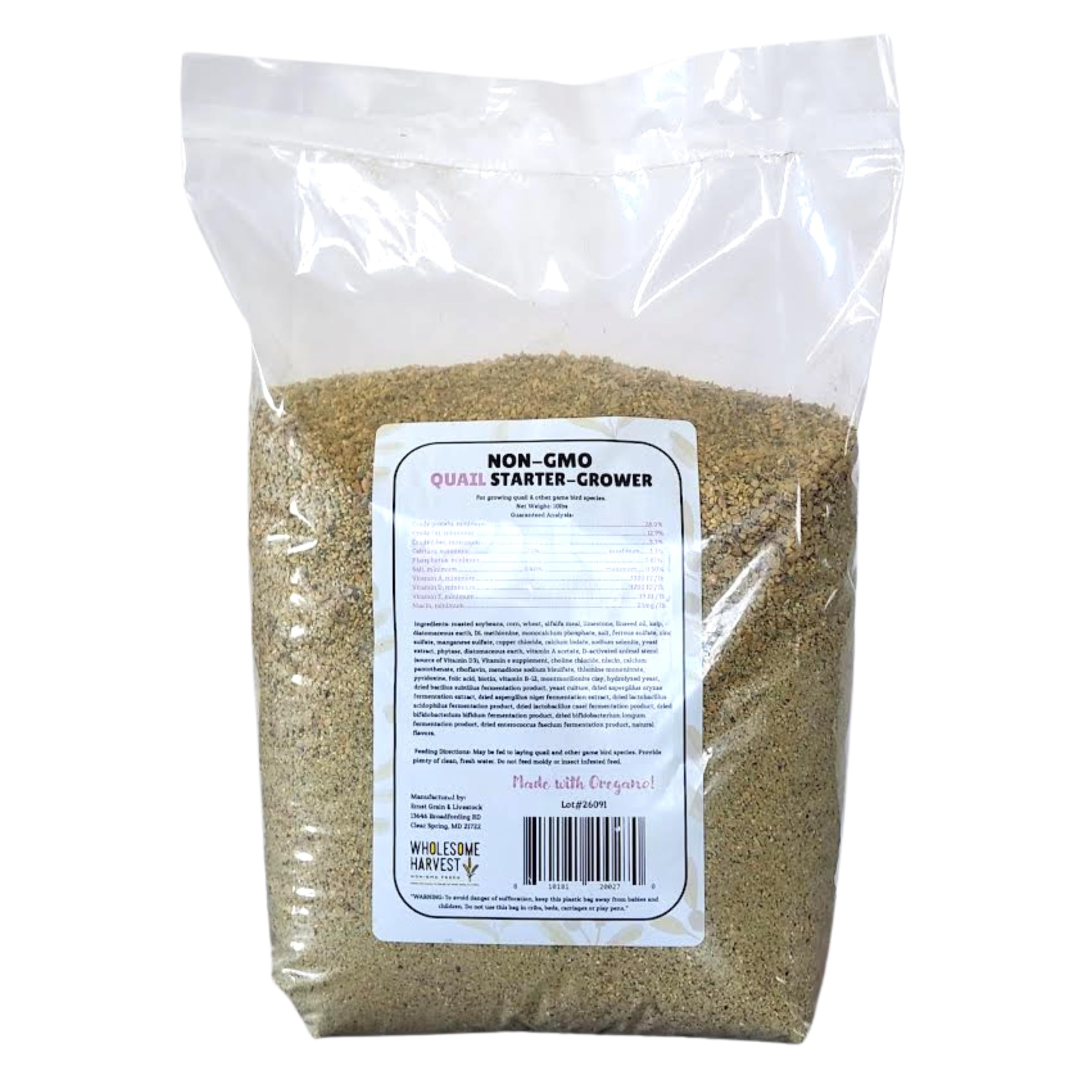 Wholesome Harvest quail starter feed protein 28-percent, highlighting growth potential