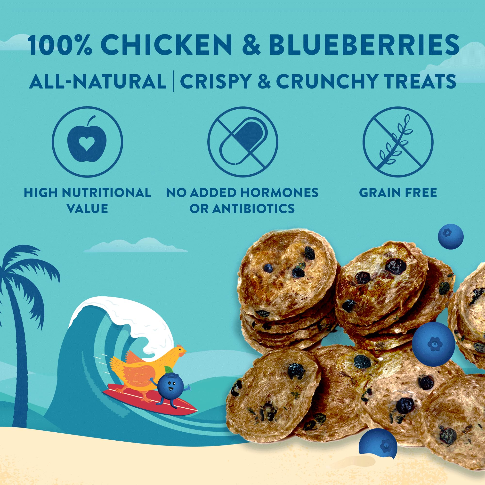 Wholesome Hound chicken & blueberry chips ingredients close-up featuring real chicken and blueberries.