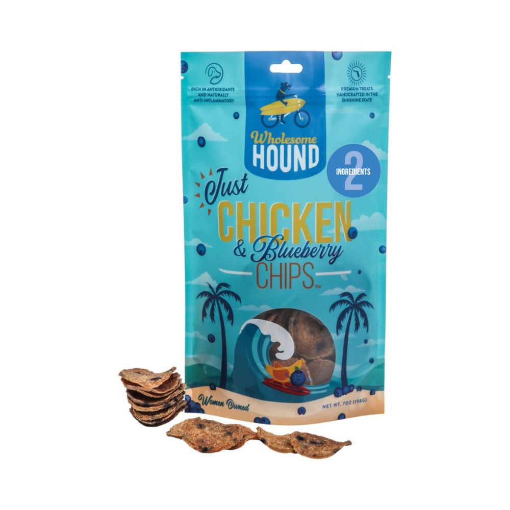 Wholesome Hound chicken & blueberry chips pack front showing all natural ingredients.