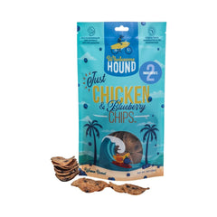 Wholesome Hound chicken & blueberry chips pack front showing all natural ingredients.
