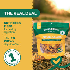 Wholesome Pride Dehydrated Pumpkin Slices close up highlighting natural texture and fiber.
