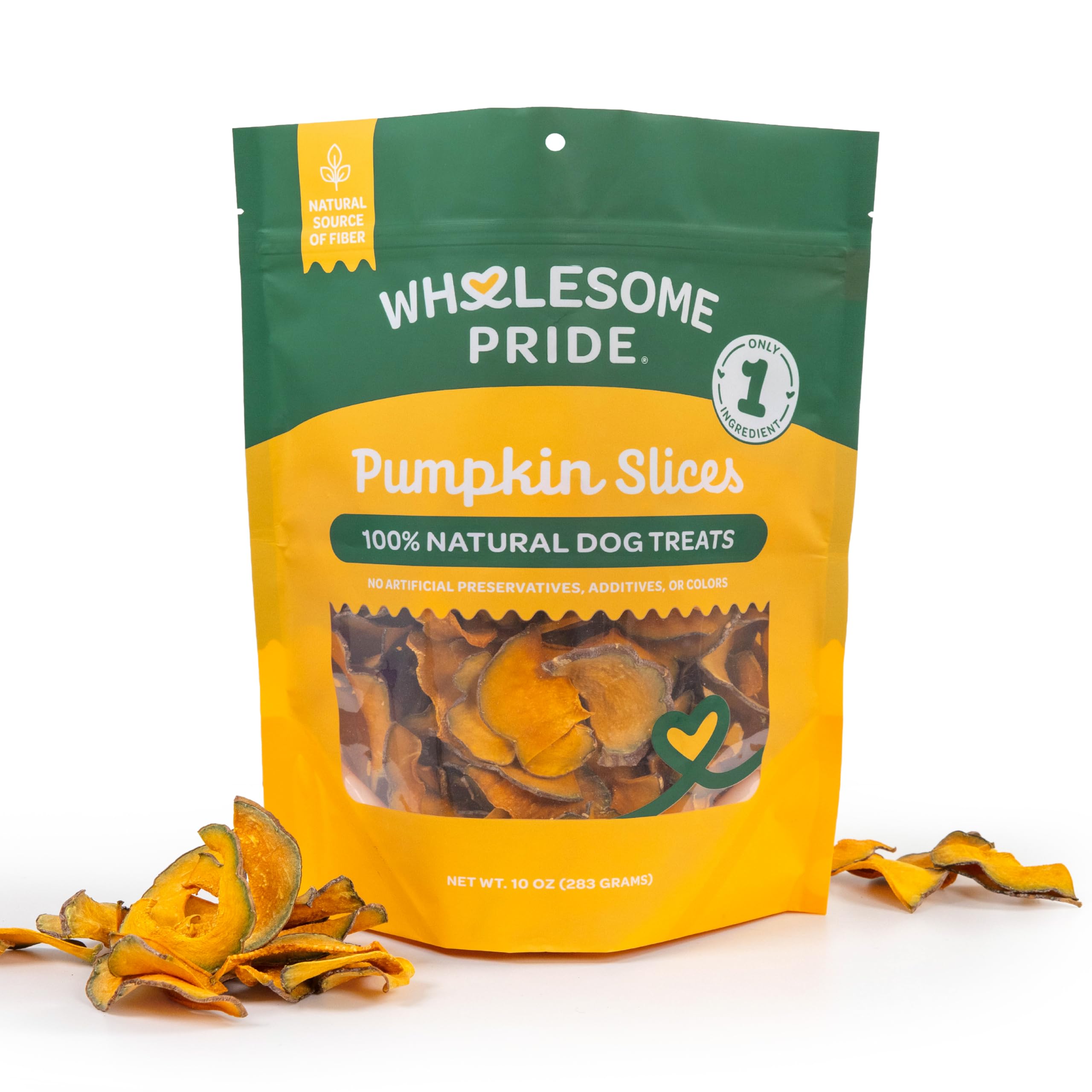 Wholesome Pride pumpkin slices dehydrated dog treat for a chewy, natural snack.