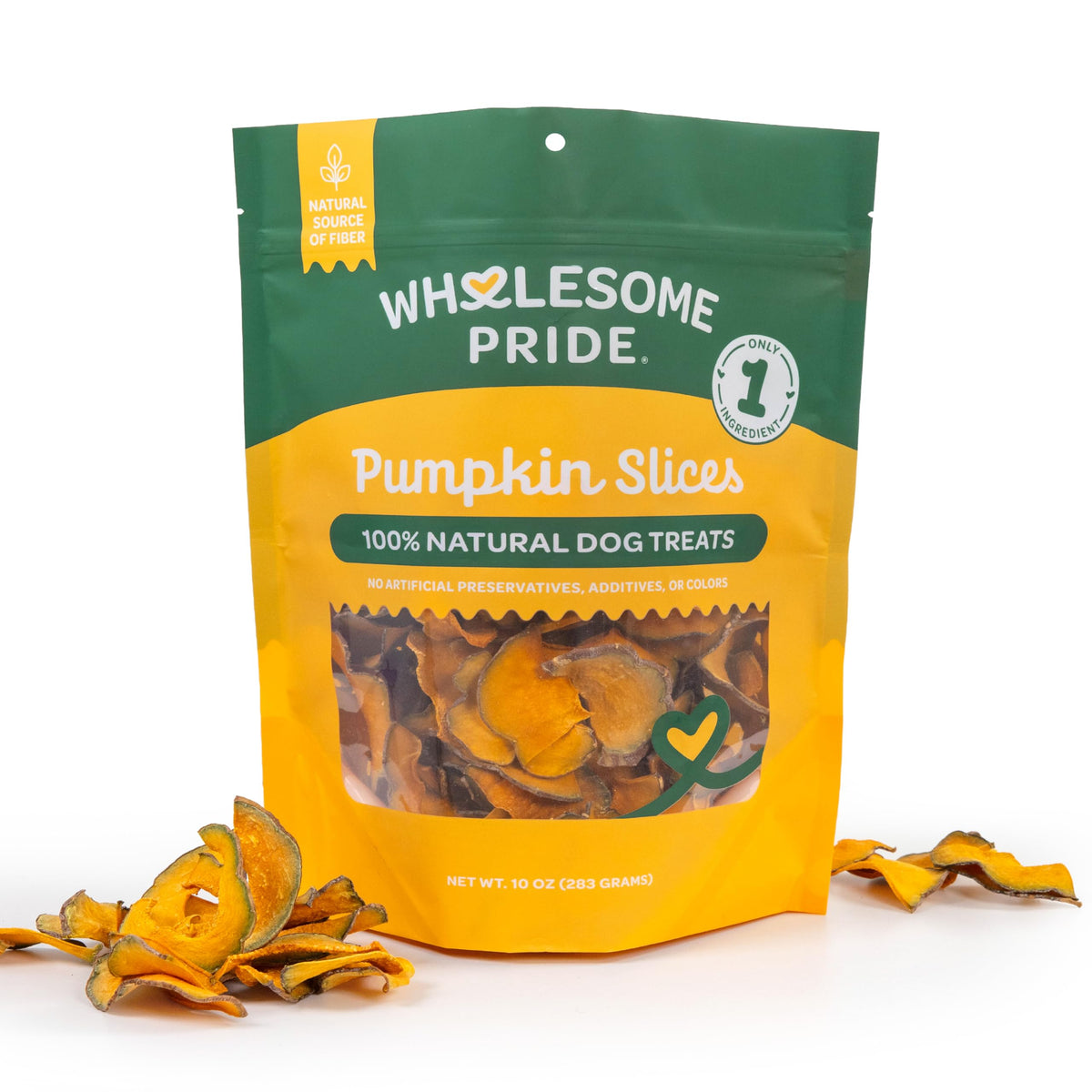 Wholesome Pride pumpkin slices dehydrated dog treat for a chewy, natural snack.