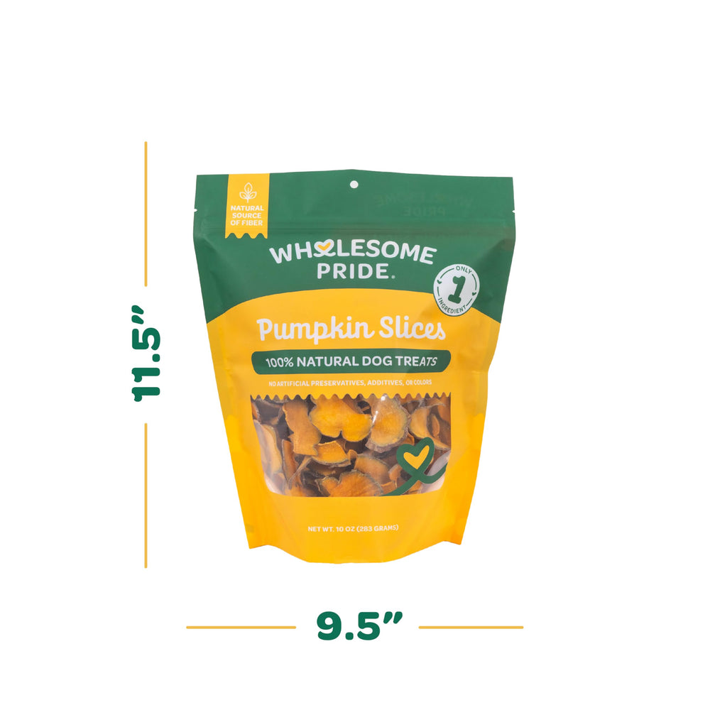 Wholesome Pride puppy-friendly pumpkin slices for dogs of all ages and sizes.