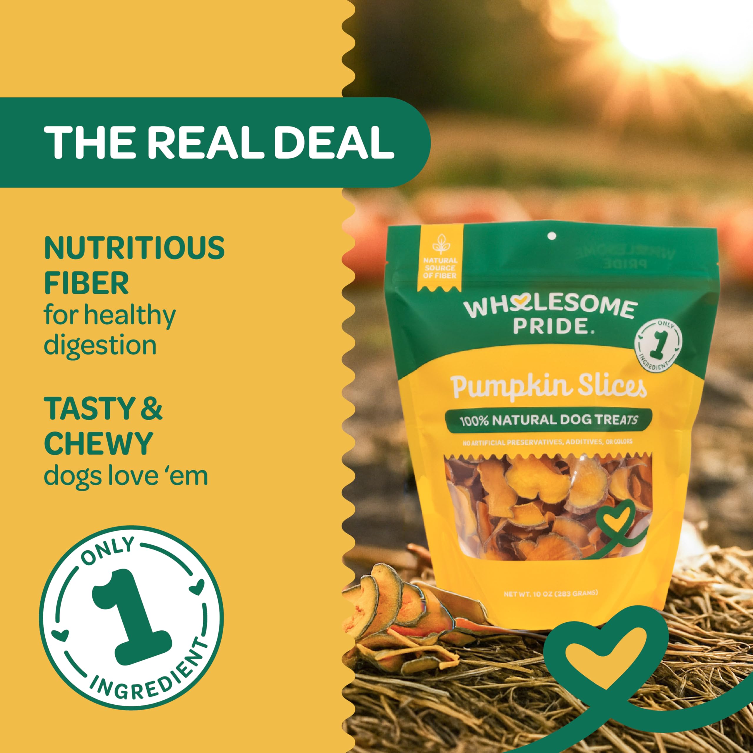 Wholesome Pride real pumpkin slices highlight simple ingredients and fiber support for digestion.