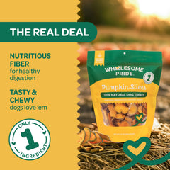 Wholesome Pride real pumpkin slices highlight simple ingredients and fiber support for digestion.
