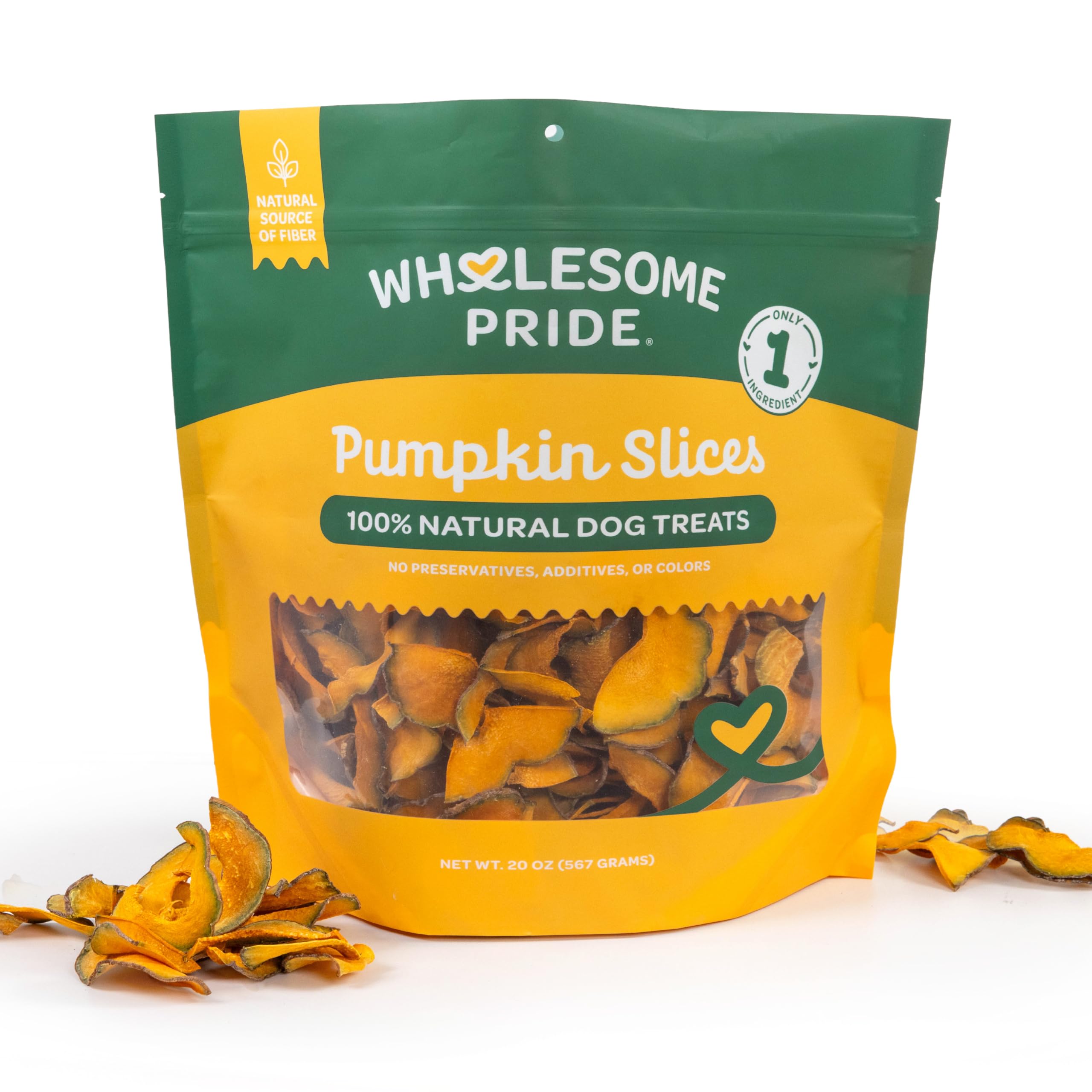 Wholesome Pride Pumpkin Slices front label shows a simple, single-ingredient dog treat for simple diets.