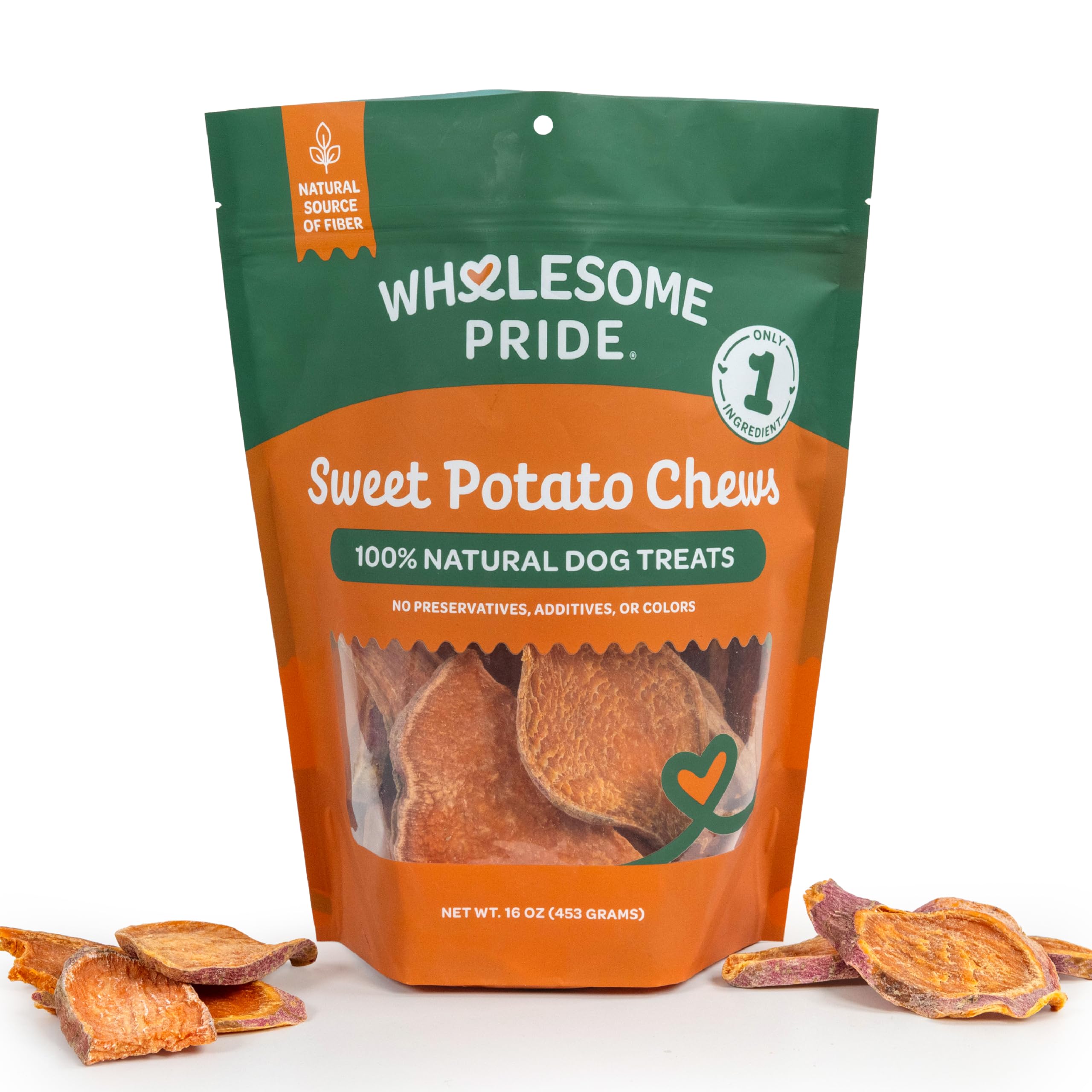 Wholesome Pride Sweet Potato Chews packaging shown, all-natural dog treat for everyday rewards
