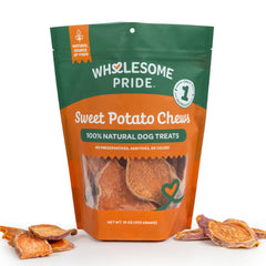 Wholesome Pride Sweet Potato Chews packaging shown, all-natural dog treat for everyday rewards