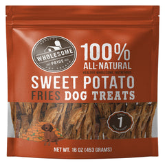 Wholesome Pride sweet potato fries packaging, simple single-ingredient dog treat for training rewards