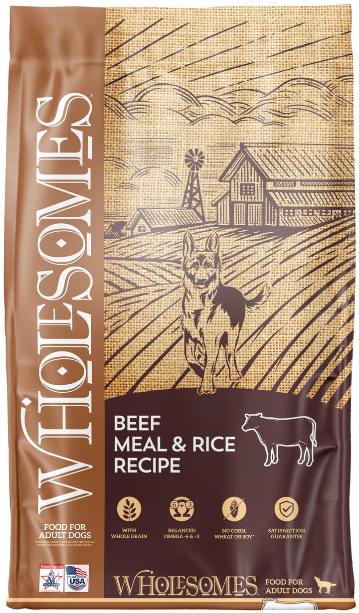 Wholesomes beef meal and rice dry dog food 40lb bag highlighting protein-forward nutrition