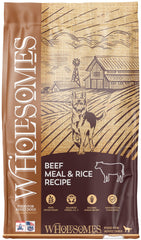 Wholesomes beef meal and rice dry dog food 40lb bag highlighting protein-forward nutrition