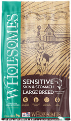Wholesomes bag-front view signaling large-breed formula for sensitive digestion.