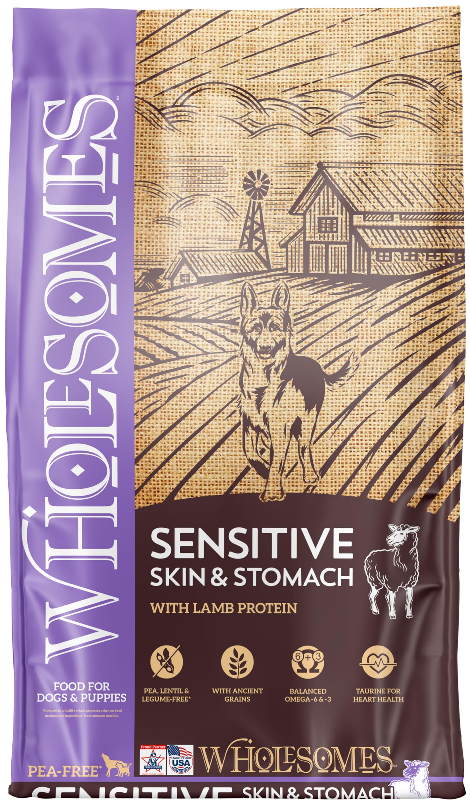 Wholesomes sensitive skin and stomach lamb dog food for easier digestion.
