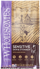 Wholesomes sensitive skin and stomach lamb dog food for easier digestion.