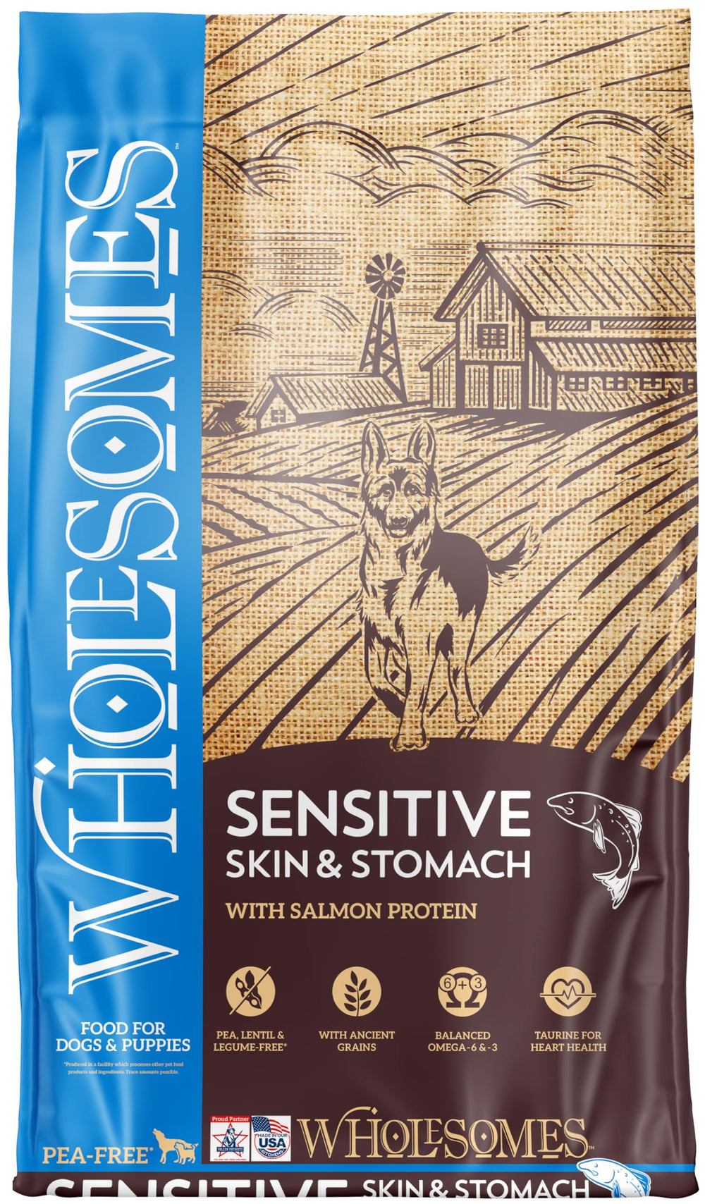 Wholesomes sensitive skin and stomach dog food bag promotes digestion for dogs.