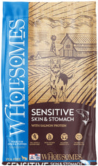Wholesomes sensitive skin and stomach dog food bag promotes digestion for dogs.