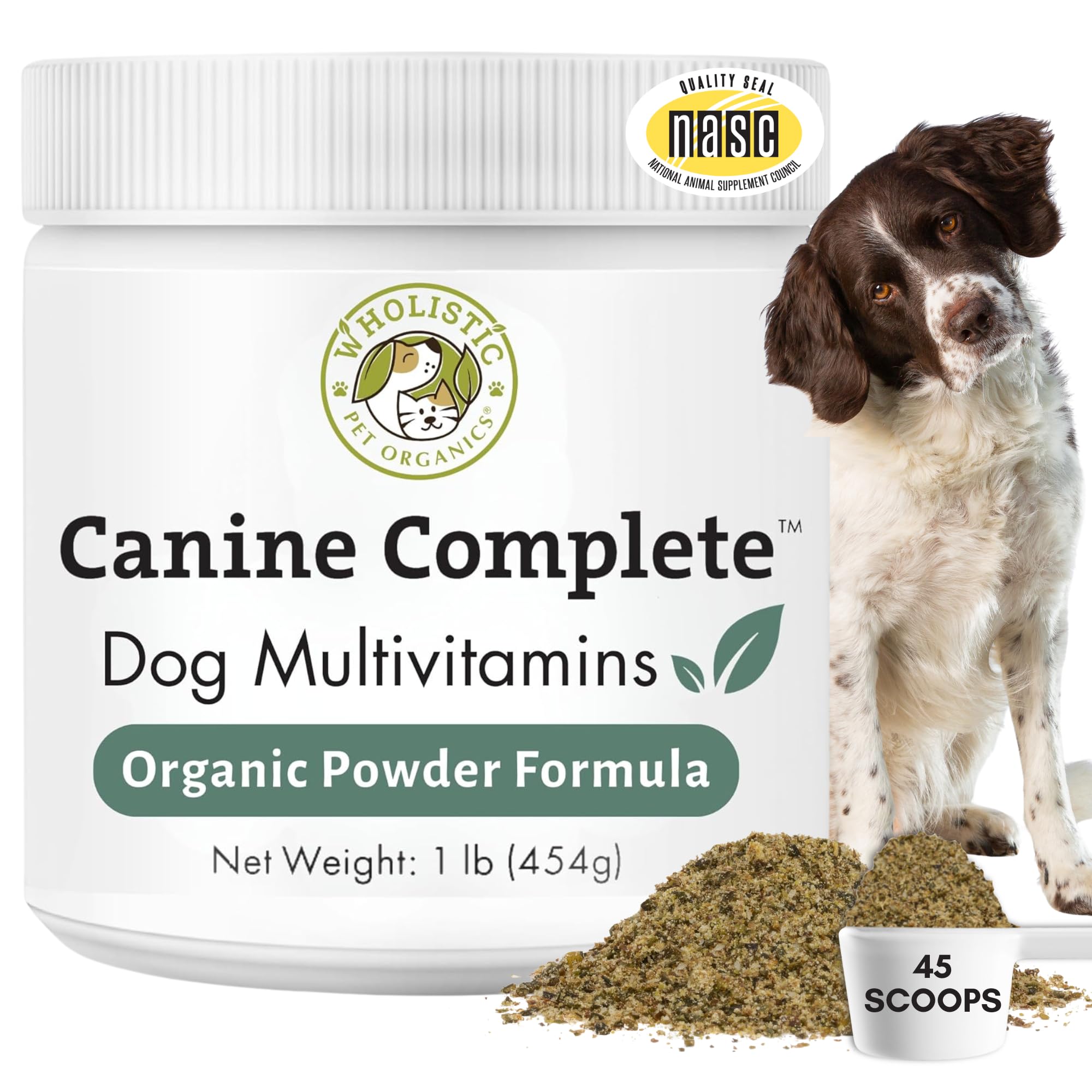 Wholistic Pet Organics Canine Complete bottle front supports general health for all breeds.