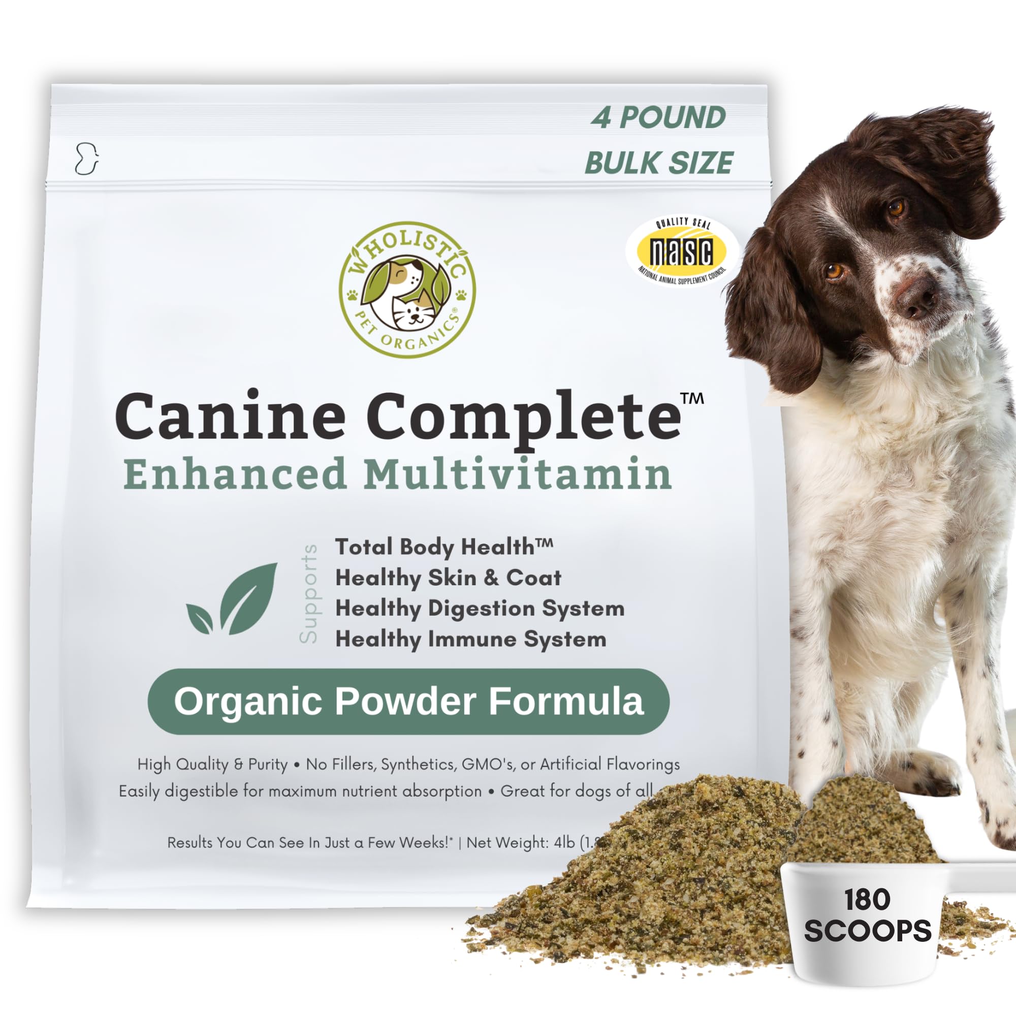 Wholistic Pet Organics Canine Complete bottle pour shows easy dosing and nutrition