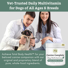 Wholistic Pet Organics dog multivitamin powder scoop for easy daily dosing.