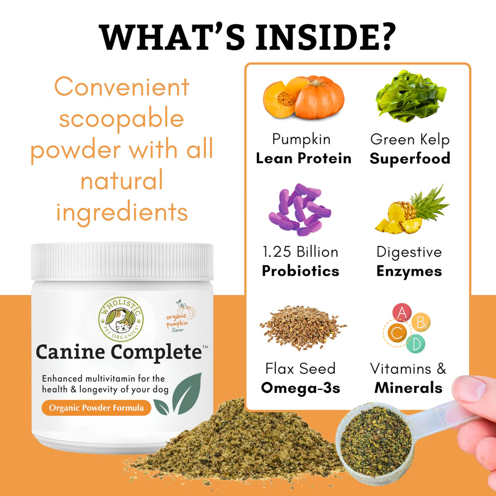 Wholistic Pet Organics Canine Complete powder being poured into food