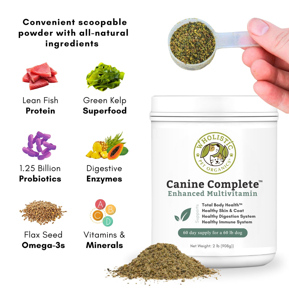 Wholistic Pet Organics Canine Complete powder poured into dog food