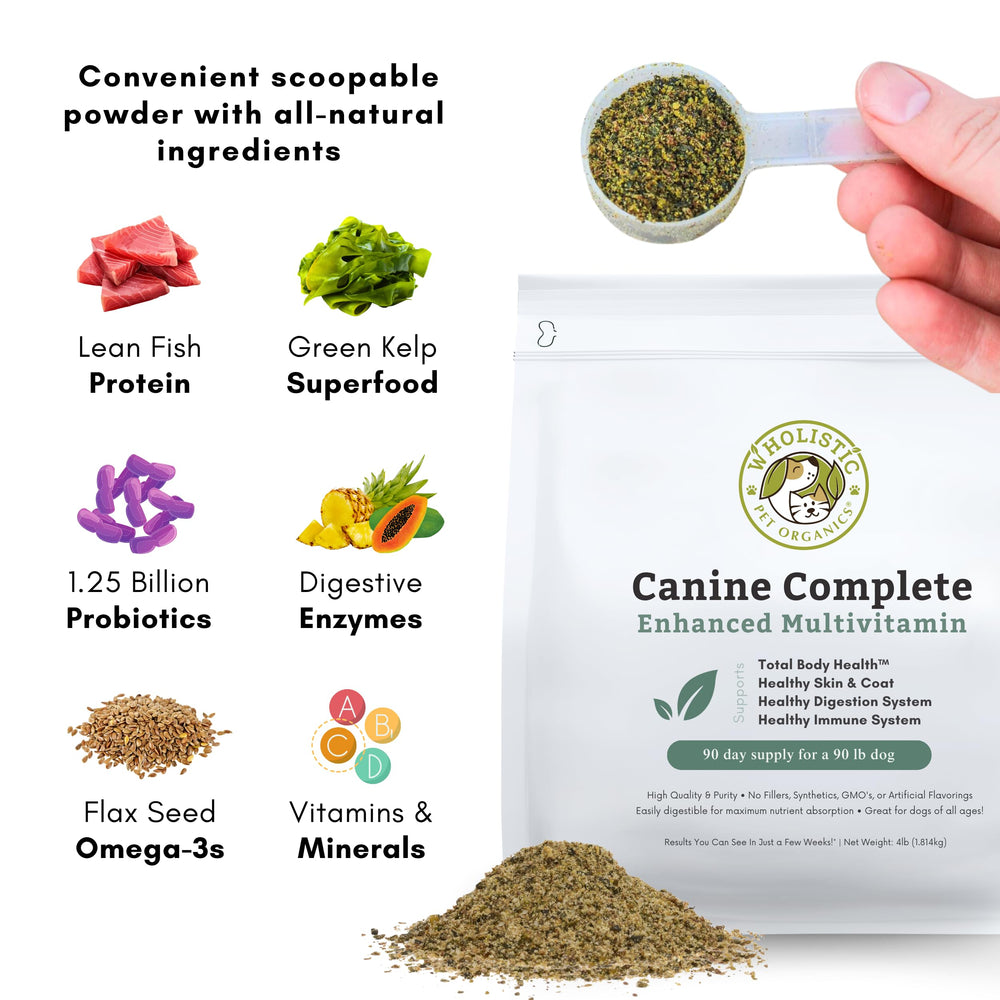Wholistic Pet Organics Canine Complete probiotic blend supports digestive balance